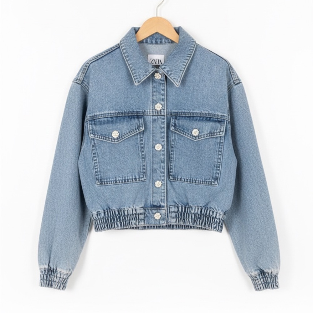 ZARA Daisy Button Pearl Cropped Denim Jacket Light Wash Large - Picture 7 of 7